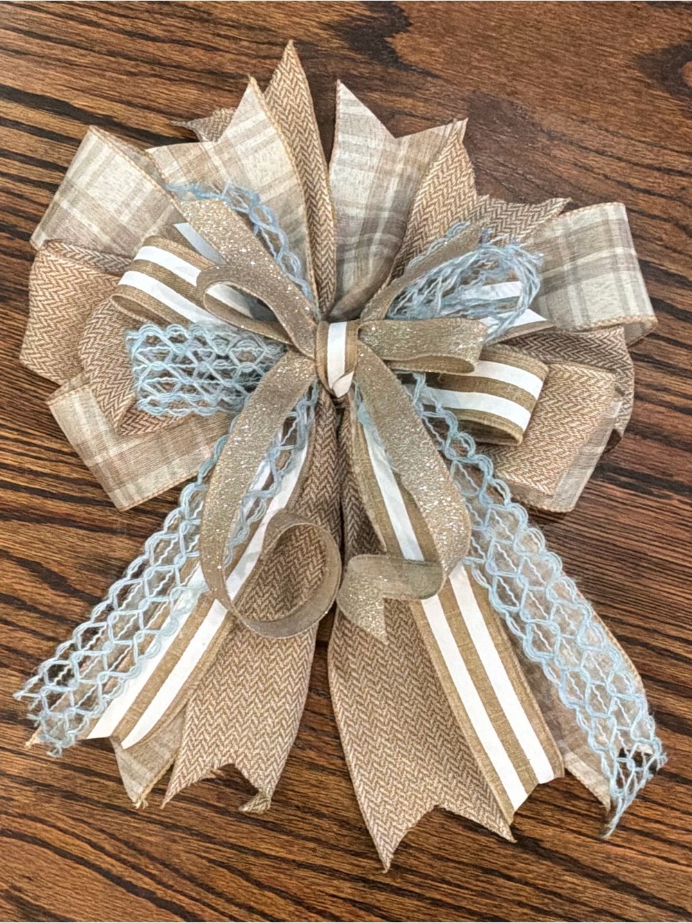 Rustic Burlap Holiday Bow with Light Blue Accents
